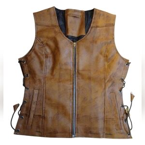 MOTORCYCLE LEATHER DISTRESSED Vest with Side Laces.  Brown.  Womens. Small.